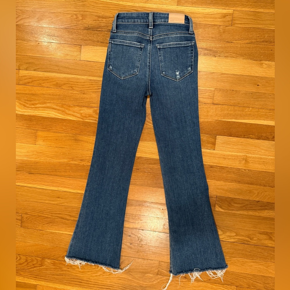 PAIGE Petite Laurel Canyon Raw Hem Flare Blue Women's Jeans - Olivin Distressed - Picture 5 of 10